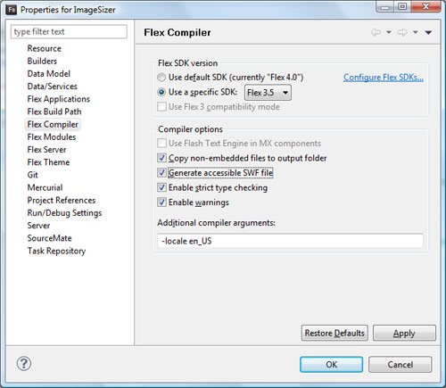 Flash Builder Publish options